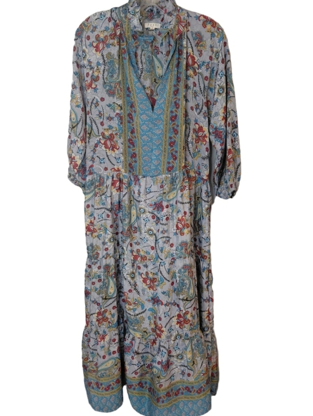 Paani Boho Paisley Dress Gray Blue Red Tiered Midi Cottagecore Small - Picture 8 of 8